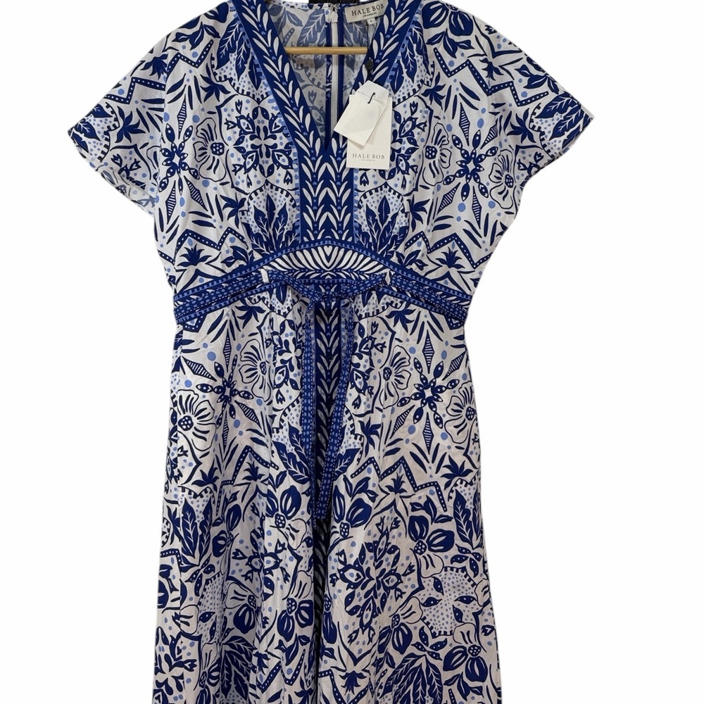 HALE BOB Galilea Poplin Blue & White Floral V-Neck Midi Dress Size Large NWT - Picture 4 of 11